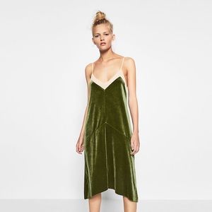 Zara green slip on velvet dress